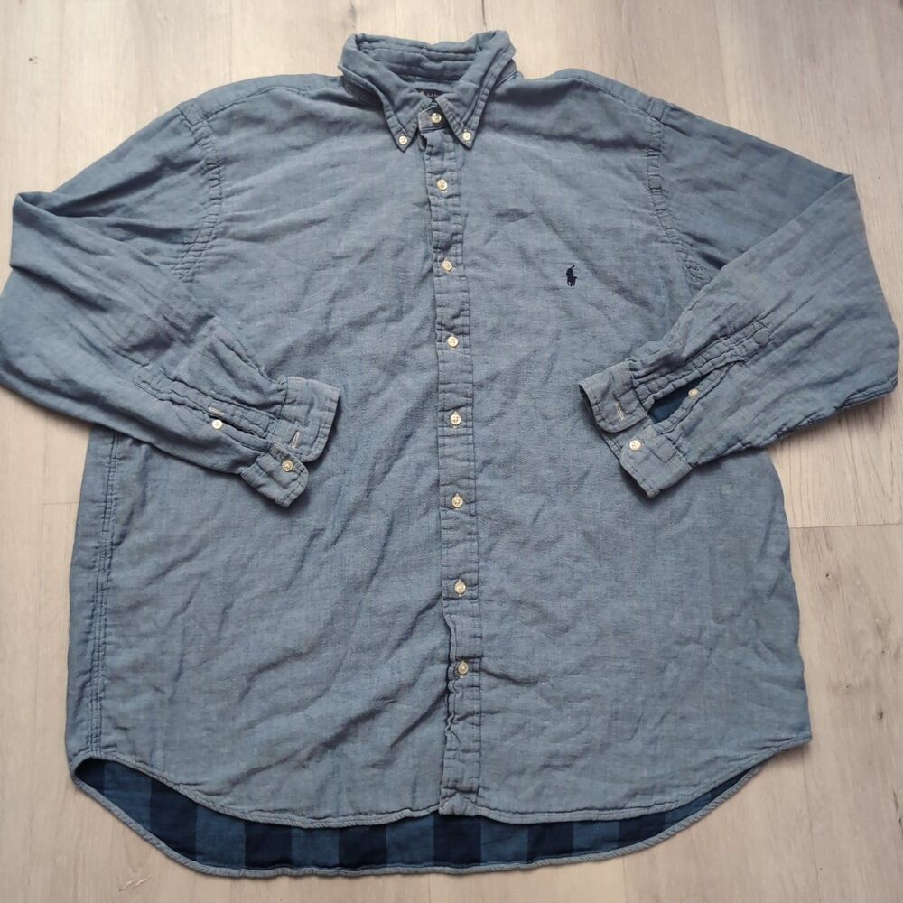 Ralph Lauren Sport Shirt Men 2XB Blue Chambray Button Up Inner Flannel Lining